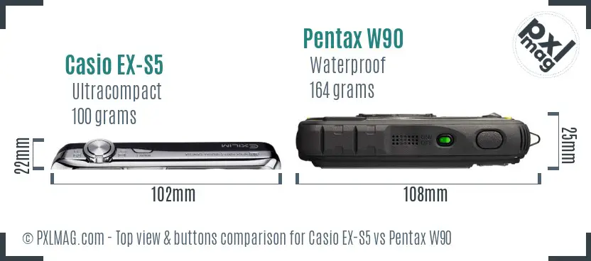 Casio EX-S5 vs Pentax W90 top view buttons comparison