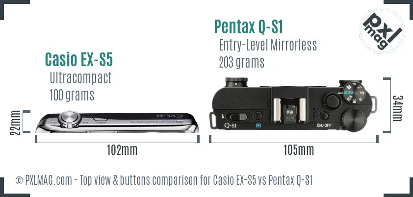Casio EX-S5 vs Pentax Q-S1 top view buttons comparison