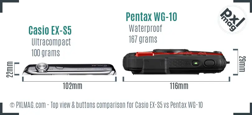 Casio EX-S5 vs Pentax WG-10 top view buttons comparison Casio EX-S5 vs Pentax WG-10 top view buttons comparison