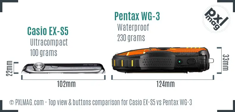 Casio EX-S5 vs Pentax WG-3 top view buttons comparison