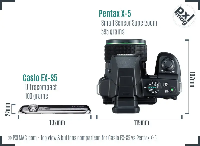 Casio EX-S5 vs Pentax X-5 top view buttons comparison