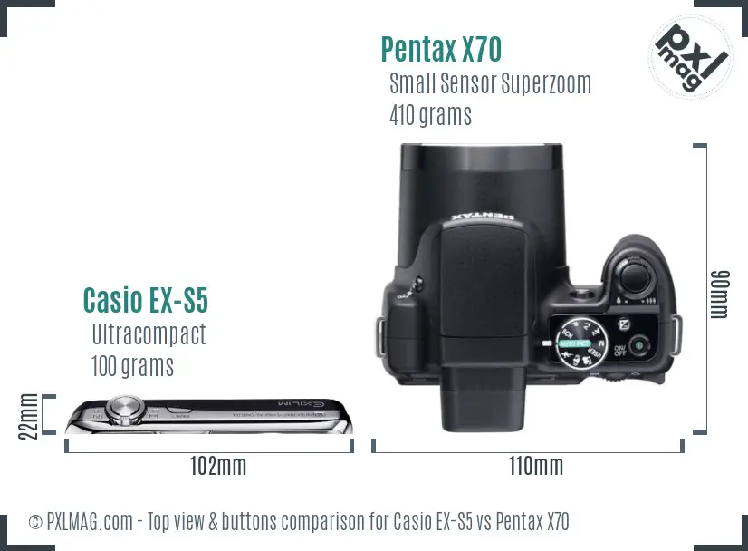 Casio EX-S5 vs Pentax X70 top view buttons comparison