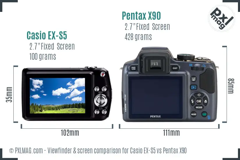 Casio EX-S5 vs Pentax X90 Screen and Viewfinder comparison