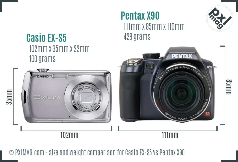 Casio EX-S5 vs Pentax X90 size comparison