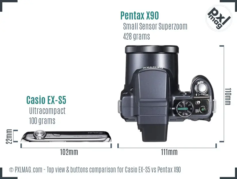 Casio EX-S5 vs Pentax X90 top view buttons comparison