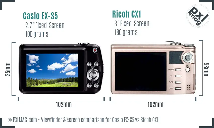 Casio EX-S5 vs Ricoh CX1 Screen and Viewfinder comparison