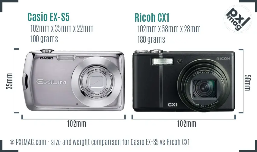 Casio EX-S5 vs Ricoh CX1 size comparison