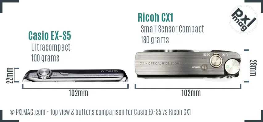 Casio EX-S5 vs Ricoh CX1 top view buttons comparison