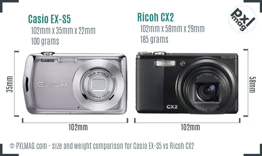 Casio EX-S5 vs Ricoh CX2 size comparison