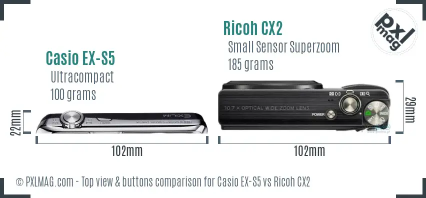 Casio EX-S5 vs Ricoh CX2 top view buttons comparison