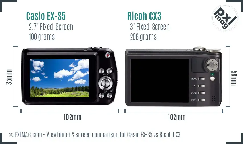 Casio EX-S5 vs Ricoh CX3 Screen and Viewfinder comparison