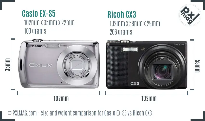 Casio EX-S5 vs Ricoh CX3 size comparison