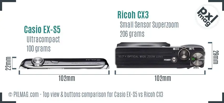 Casio EX-S5 vs Ricoh CX3 top view buttons comparison