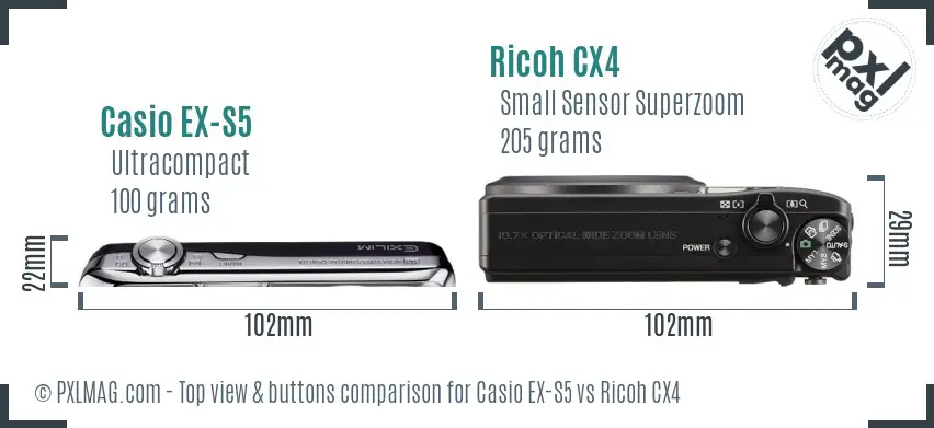 Casio EX-S5 vs Ricoh CX4 top view buttons comparison