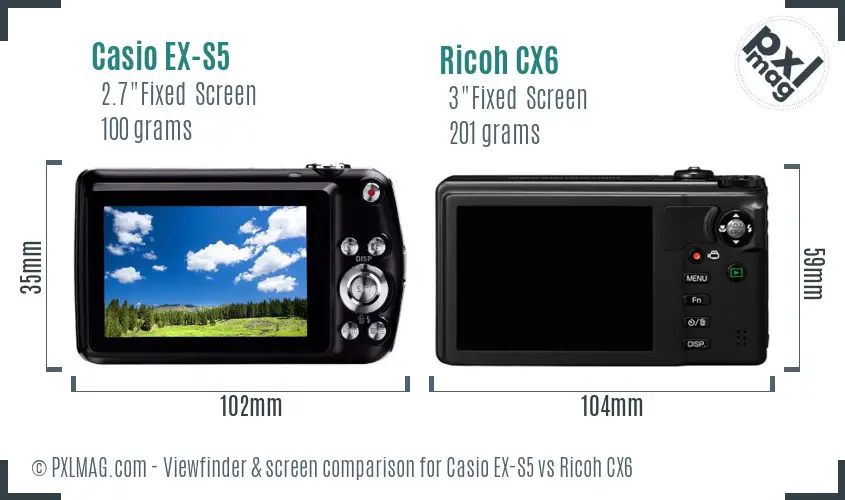 Casio EX-S5 vs Ricoh CX6 Screen and Viewfinder comparison