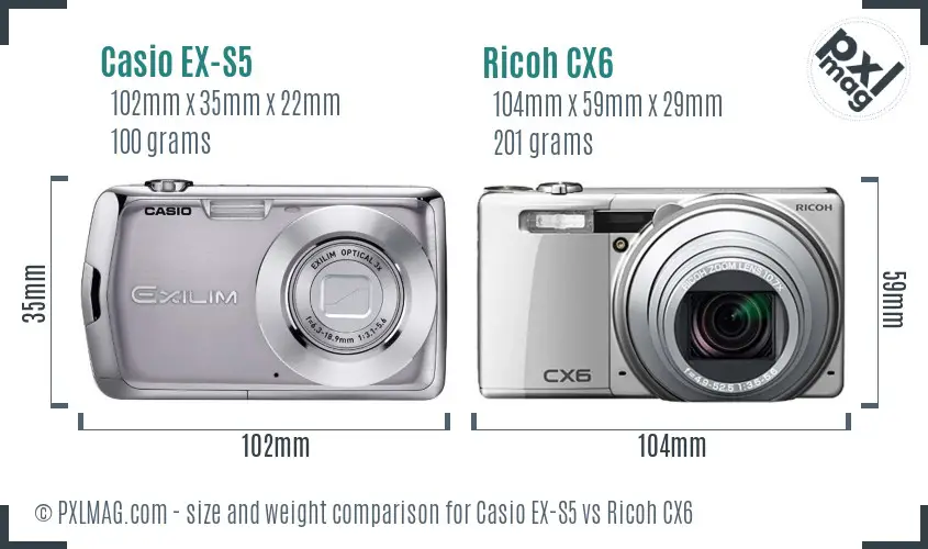 Casio EX-S5 vs Ricoh CX6 size comparison