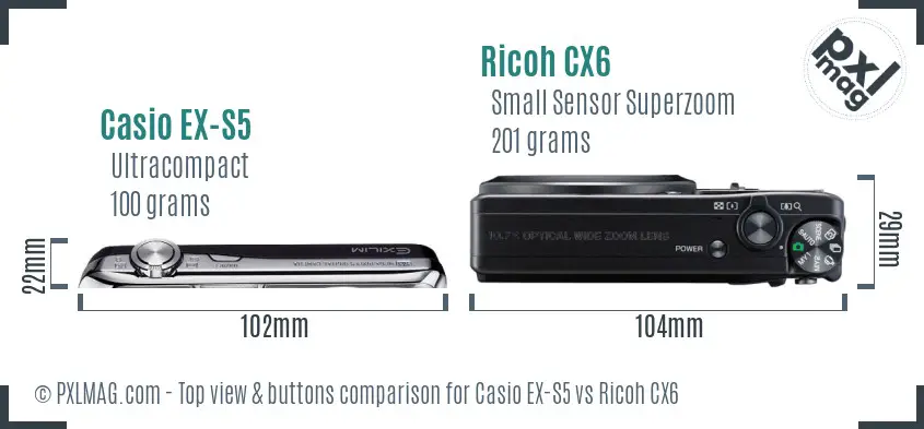 Casio EX-S5 vs Ricoh CX6 top view buttons comparison