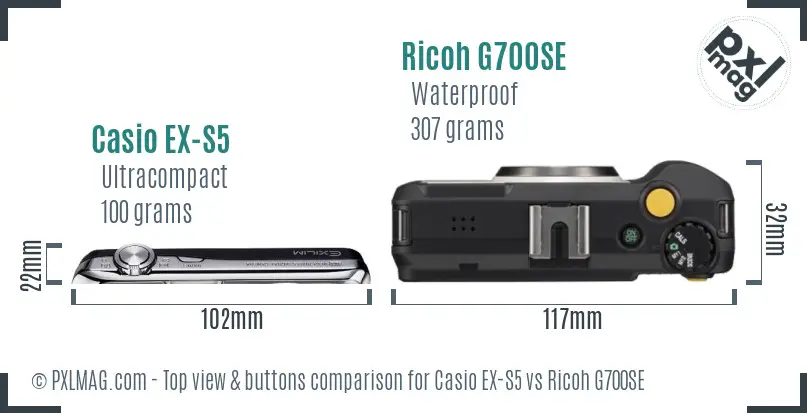 Casio EX-S5 vs Ricoh G700SE top view buttons comparison