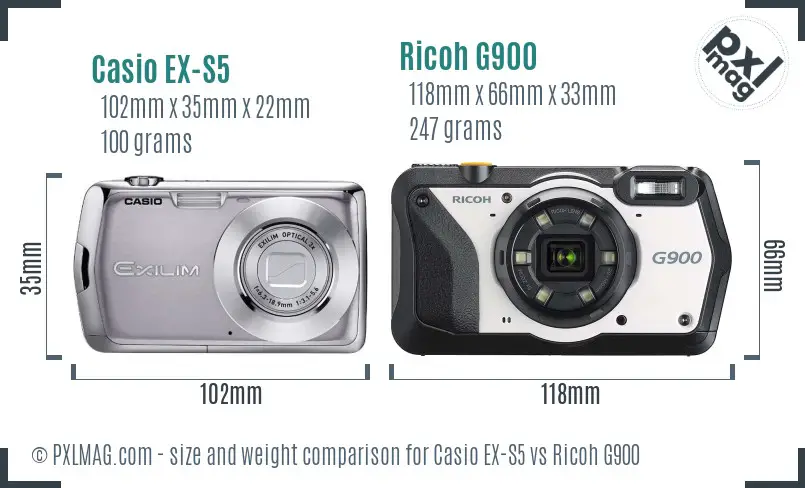 Casio EX-S5 vs Ricoh G900 size comparison