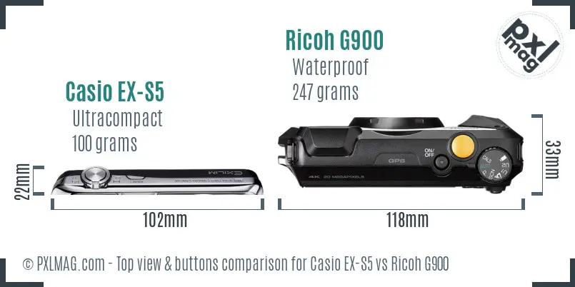 Casio EX-S5 vs Ricoh G900 top view buttons comparison