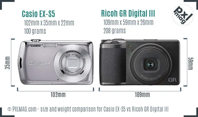 Casio EX-S5 vs Ricoh GR Digital III size comparison Casio EX-S5 vs Ricoh GR Digital III size comparison