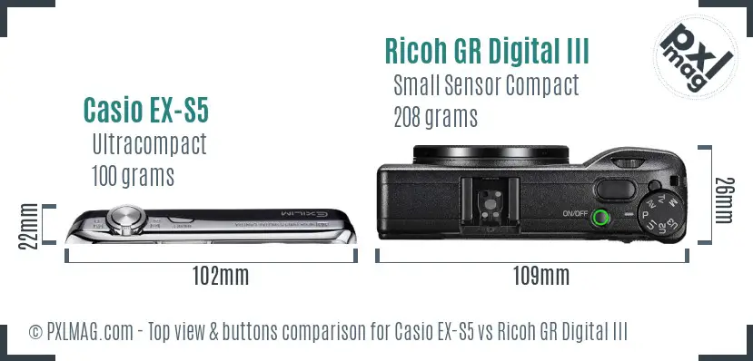 Casio EX-S5 vs Ricoh GR Digital III top view buttons comparison Casio EX-S5 vs Ricoh GR Digital III top view buttons comparison