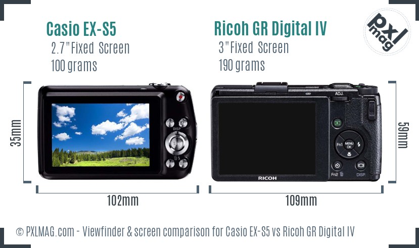 Casio EX-S5 vs Ricoh GR Digital IV Screen and Viewfinder comparison