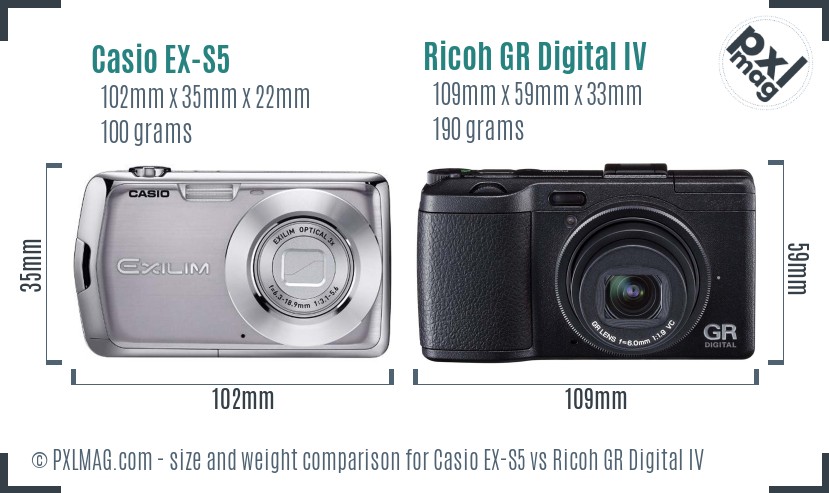 Casio EX-S5 vs Ricoh GR Digital IV size comparison