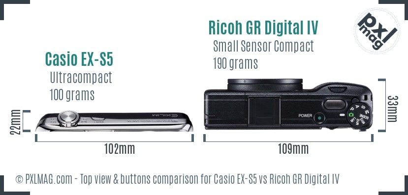 Casio EX-S5 vs Ricoh GR Digital IV top view buttons comparison