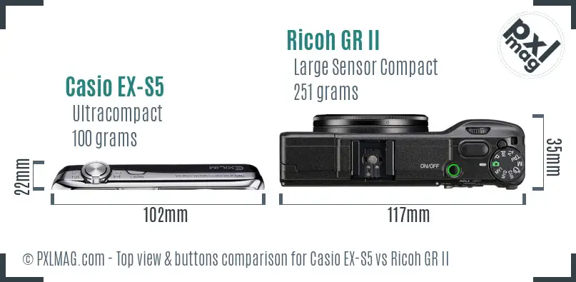 Casio EX-S5 vs Ricoh GR II top view buttons comparison Casio EX-S5 vs Ricoh GR II top view buttons comparison