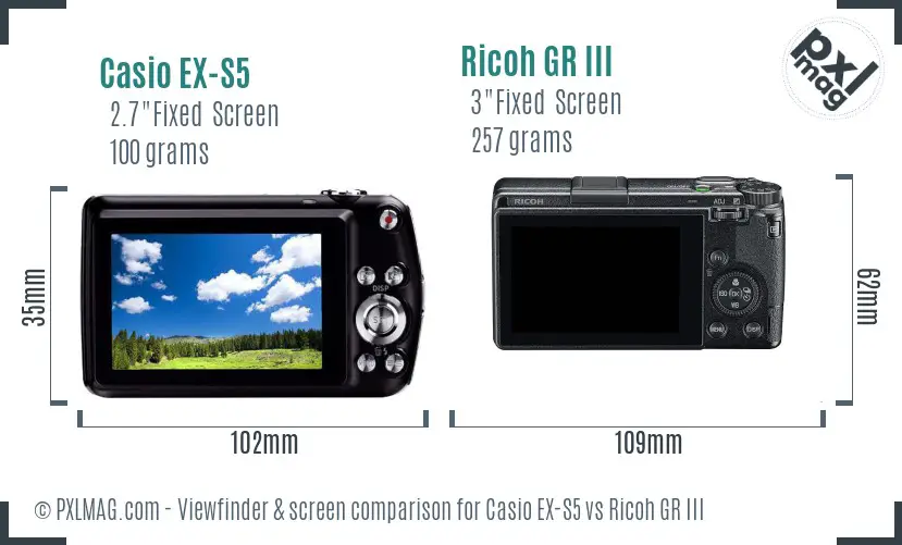 Casio EX-S5 vs Ricoh GR III Screen and Viewfinder comparison