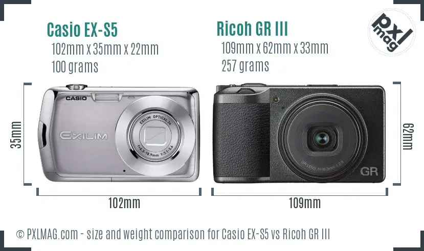 Casio EX-S5 vs Ricoh GR III size comparison