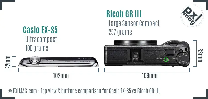 Casio EX-S5 vs Ricoh GR III top view buttons comparison