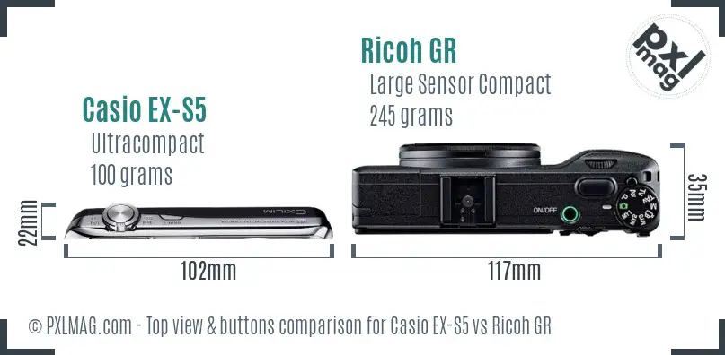 Casio EX-S5 vs Ricoh GR top view buttons comparison Casio EX-S5 vs Ricoh GR top view buttons comparison