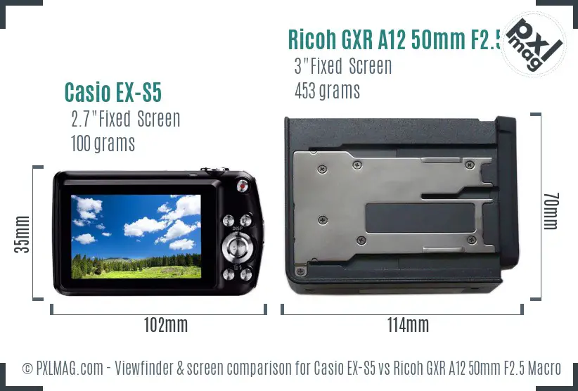 Casio EX-S5 vs Ricoh GXR A12 50mm F2.5 Macro Screen and Viewfinder comparison