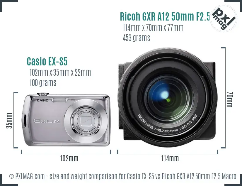 Casio EX-S5 vs Ricoh GXR A12 50mm F2.5 Macro size comparison