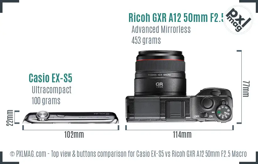 Casio EX-S5 vs Ricoh GXR A12 50mm F2.5 Macro top view buttons comparison