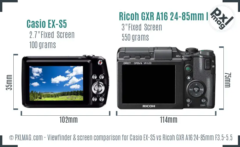 Casio EX-S5 vs Ricoh GXR A16 24-85mm F3.5-5.5 Screen and Viewfinder comparison