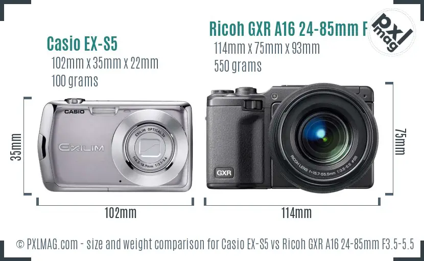 Casio EX-S5 vs Ricoh GXR A16 24-85mm F3.5-5.5 size comparison