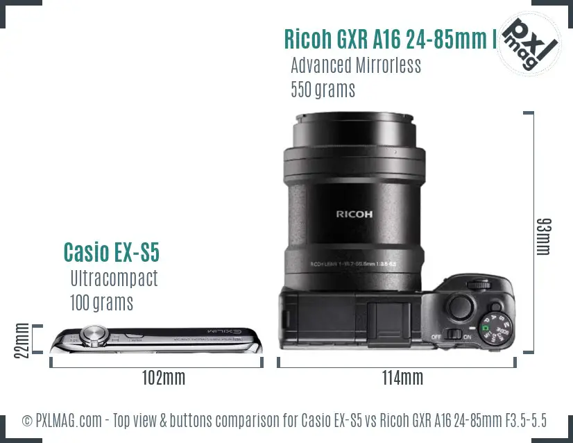 Casio EX-S5 vs Ricoh GXR A16 24-85mm F3.5-5.5 top view buttons comparison