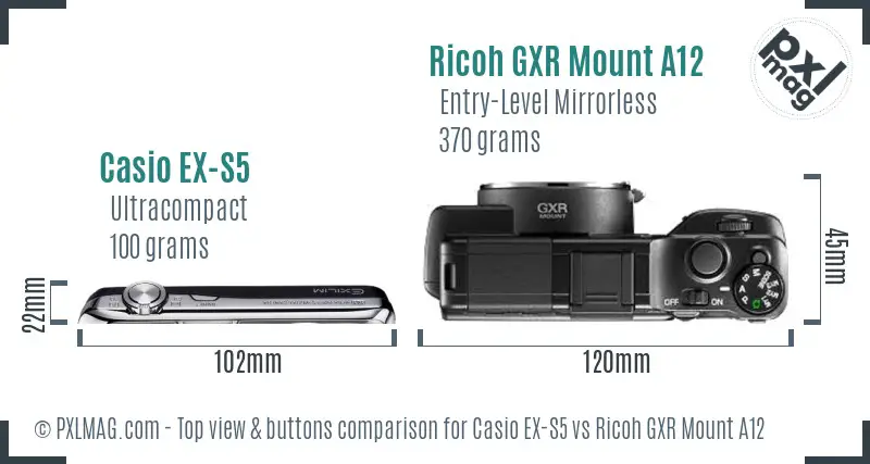 Casio EX-S5 vs Ricoh GXR Mount A12 top view buttons comparison Casio EX-S5 vs Ricoh GXR Mount A12 top view buttons comparison