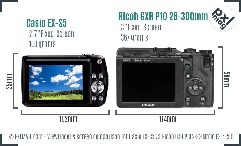 Casio EX-S5 vs Ricoh GXR P10 28-300mm F3.5-5.6 VC Screen and Viewfinder comparison