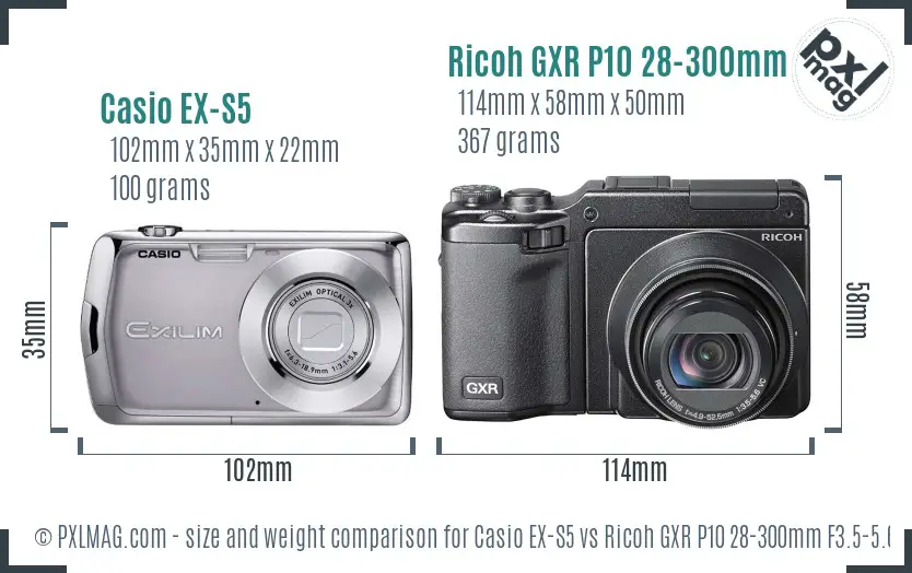 Casio EX-S5 vs Ricoh GXR P10 28-300mm F3.5-5.6 VC size comparison