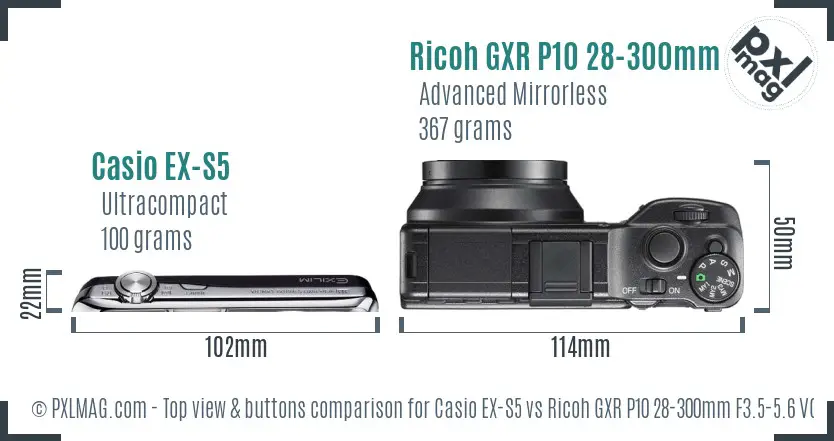 Casio EX-S5 vs Ricoh GXR P10 28-300mm F3.5-5.6 VC top view buttons comparison