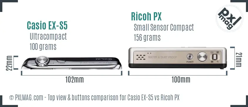 Casio EX-S5 vs Ricoh PX top view buttons comparison