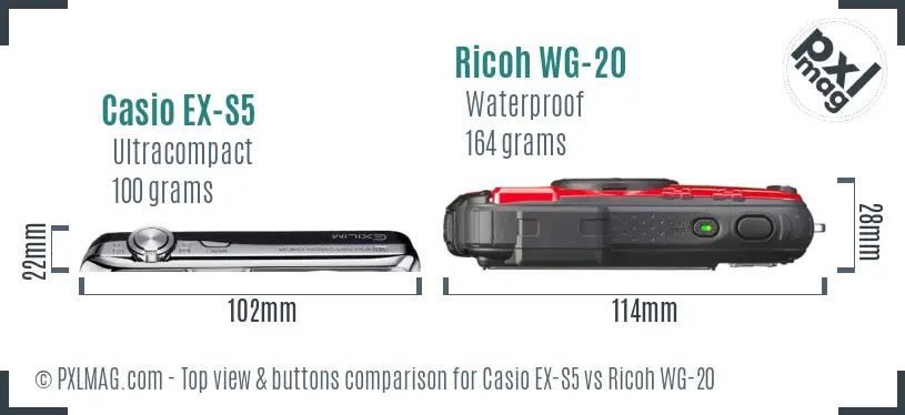 Casio EX-S5 vs Ricoh WG-20 top view buttons comparison