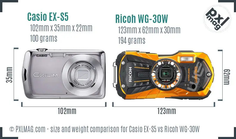 Casio EX-S5 vs Ricoh WG-30W size comparison