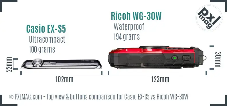 Casio EX-S5 vs Ricoh WG-30W top view buttons comparison