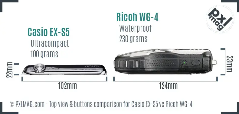 Casio EX-S5 vs Ricoh WG-4 top view buttons comparison