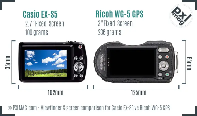 Casio EX-S5 vs Ricoh WG-5 GPS Screen and Viewfinder comparison